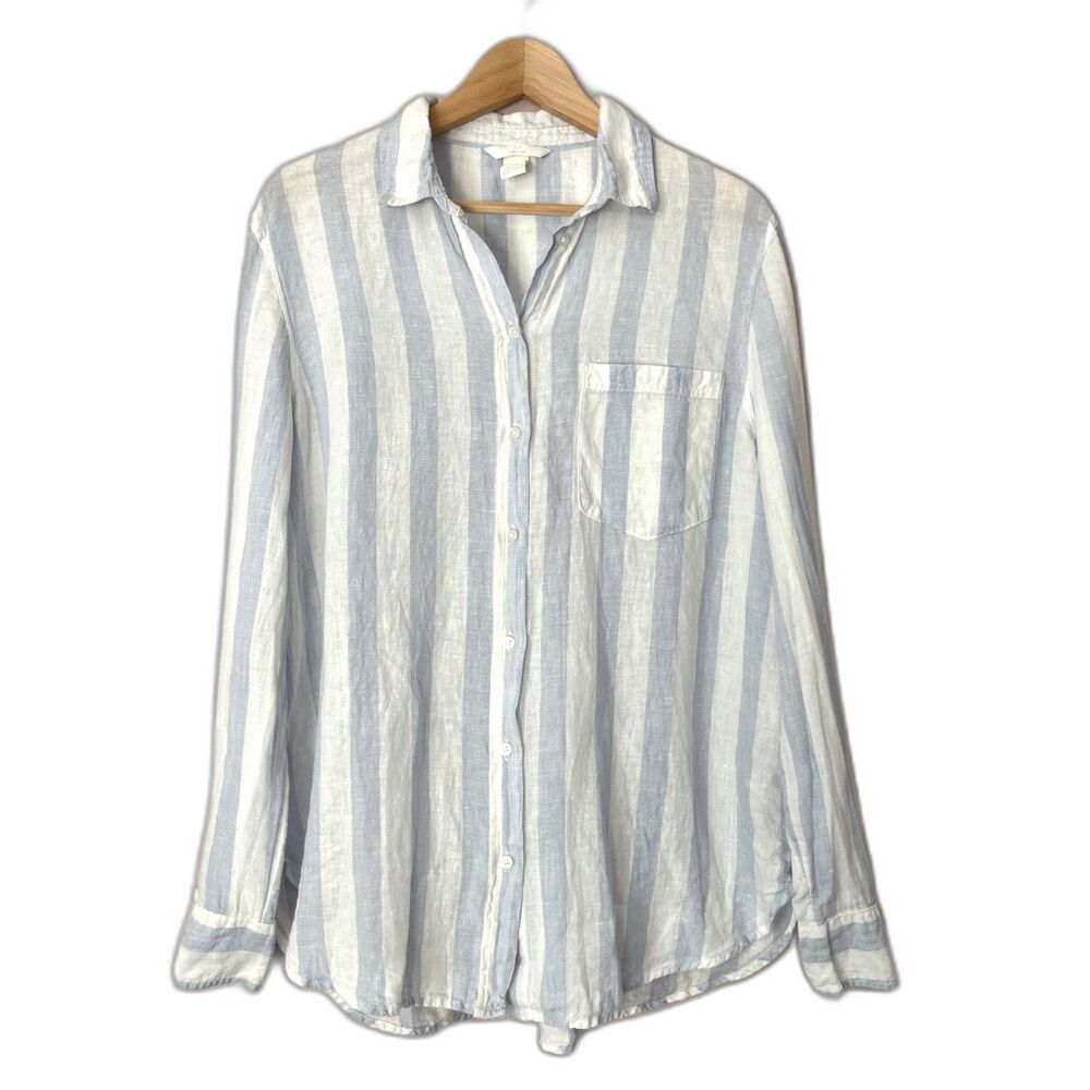 H&M 100% Linen Striped Button Down Shirt Medium Blue White Coastal Beach Airy